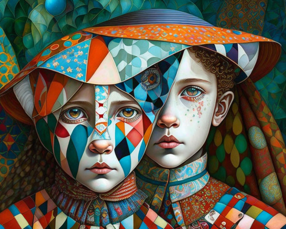 Colorful Stylized Faces with Patchwork Patterns in Surrealist Art.