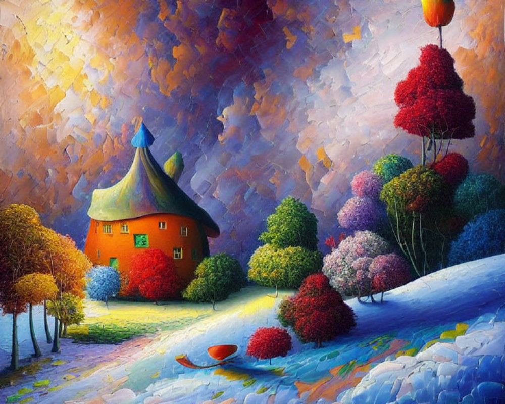 Colorful Cottage and Hot Air Balloons in Whimsical Landscape