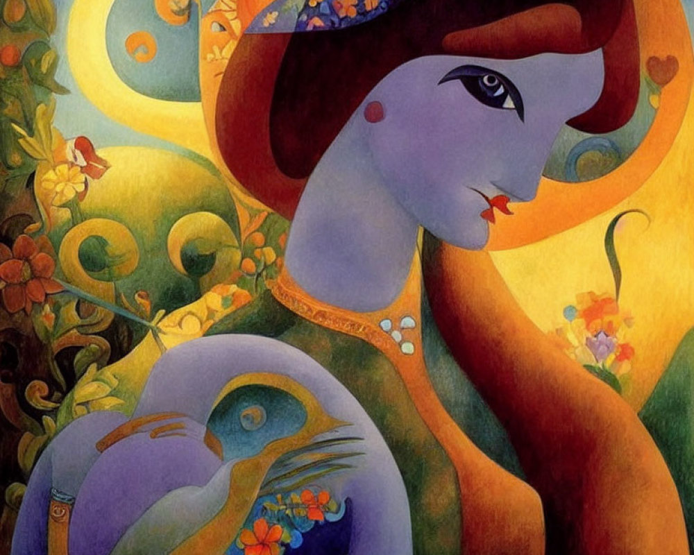 Colorful artwork featuring stylized woman with peacock in floral motif composition