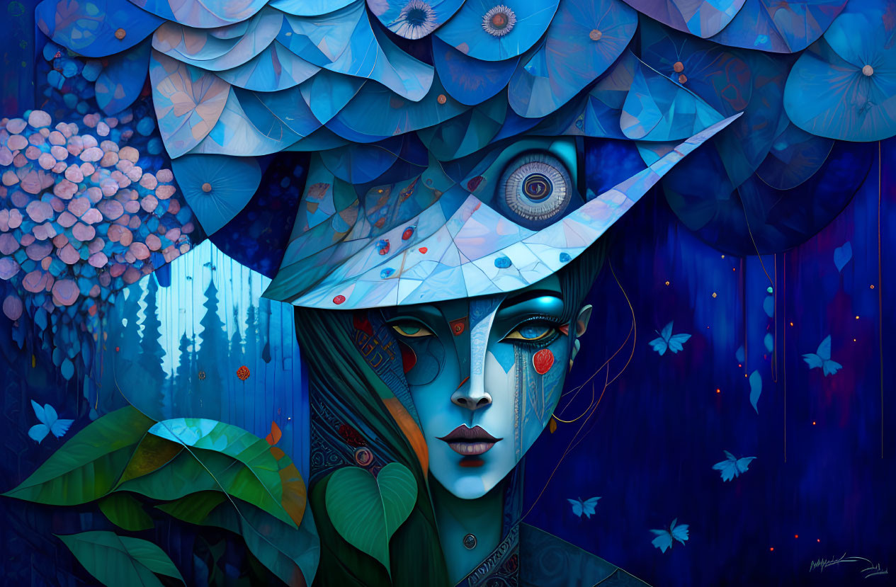 Surrealist portrait of woman with geometric hat and eye on vibrant blue background