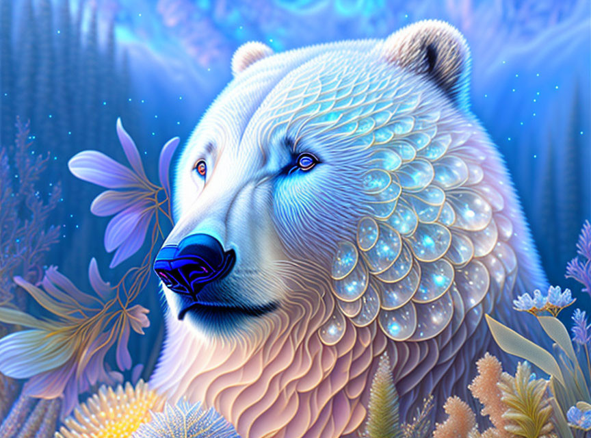 Blue-white bear with floral and aquatic motifs in enchanted underwater scene
