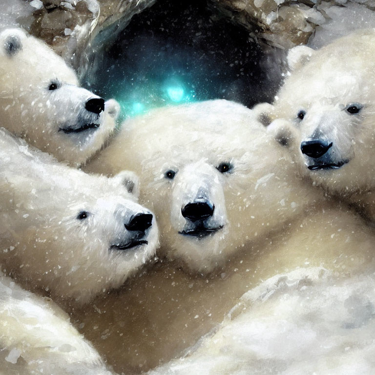 Polar Bears Around Dark Ice Hole with Blue Eyes