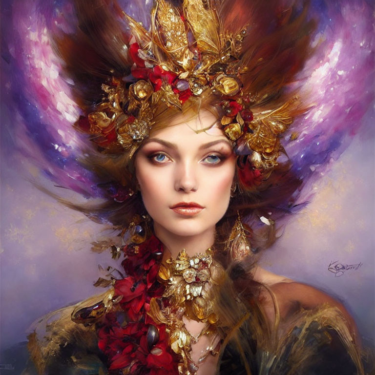 Elaborate Golden Headpiece Portrait in Purple and Gold Tones