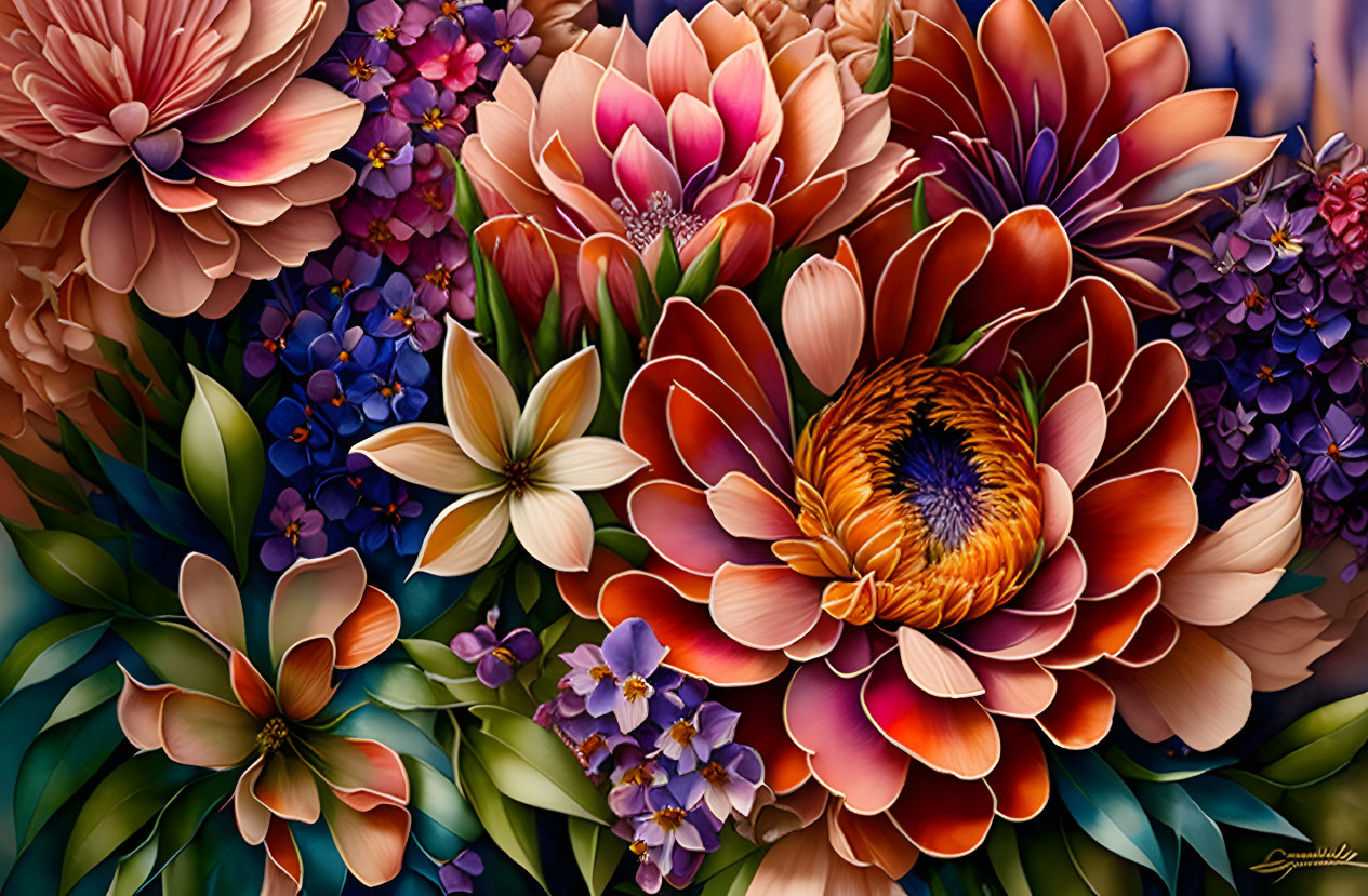 Colorful digital painting of dense orange, purple, and blue flowers