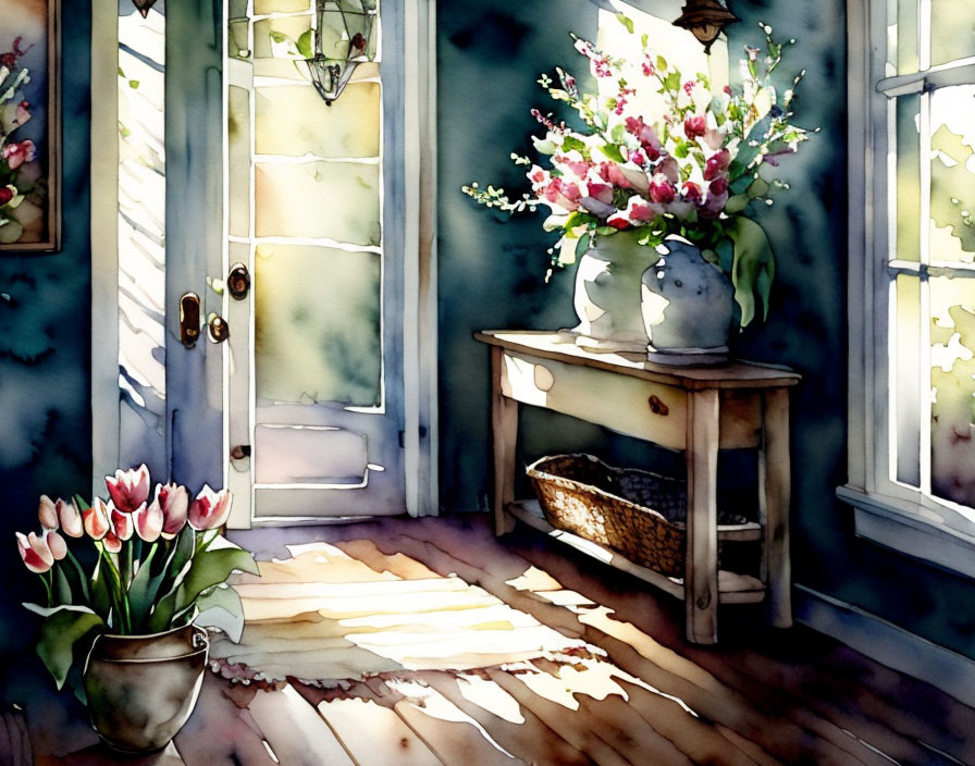 Sunlit entryway watercolor illustration with flowers on table