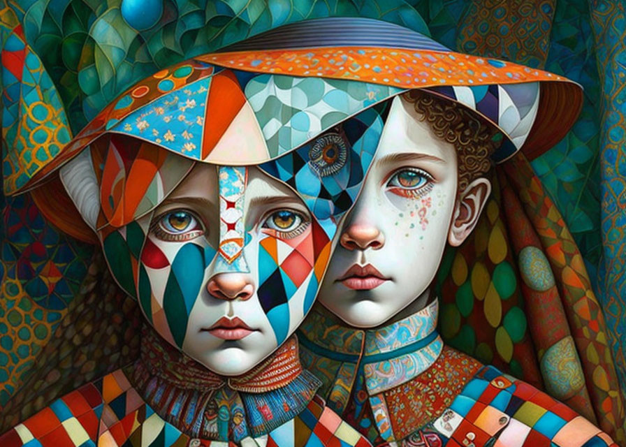 Colorful Stylized Faces with Patchwork Patterns in Surrealist Art.