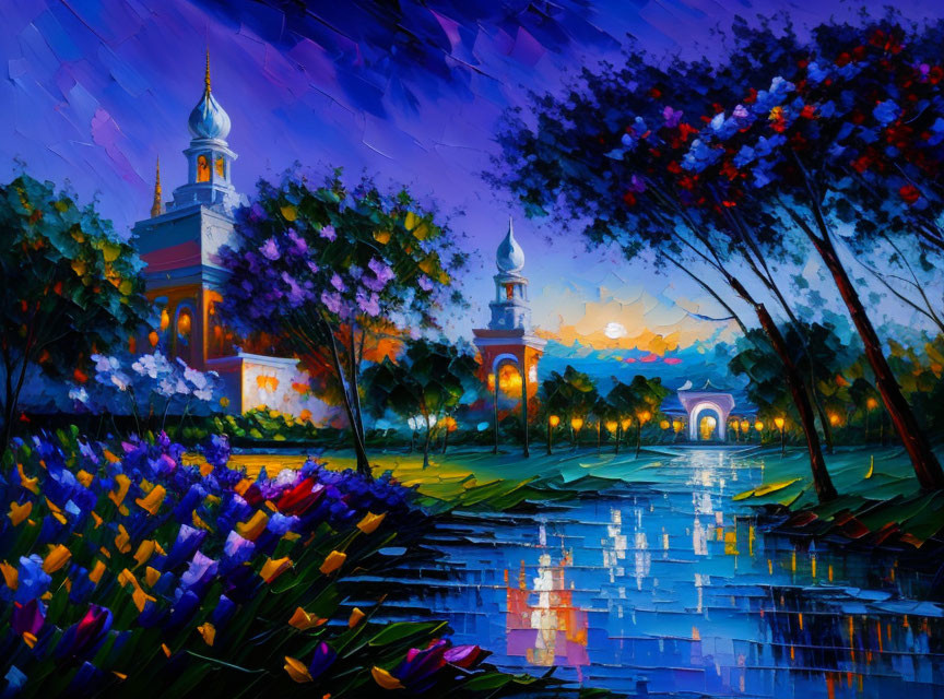 Twilight cityscape painting with illuminated buildings and starry sky