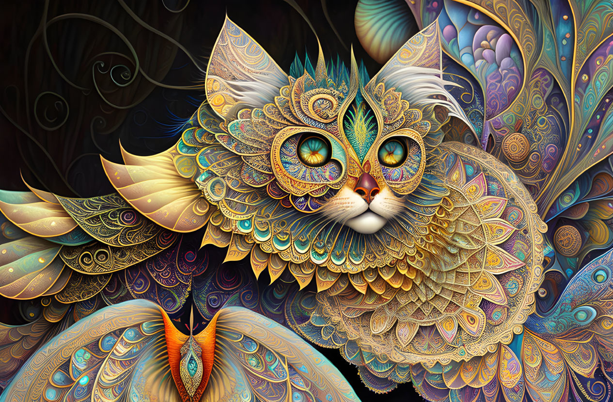 Vibrant digital artwork of stylized cat with intricate patterns and feather-like textures