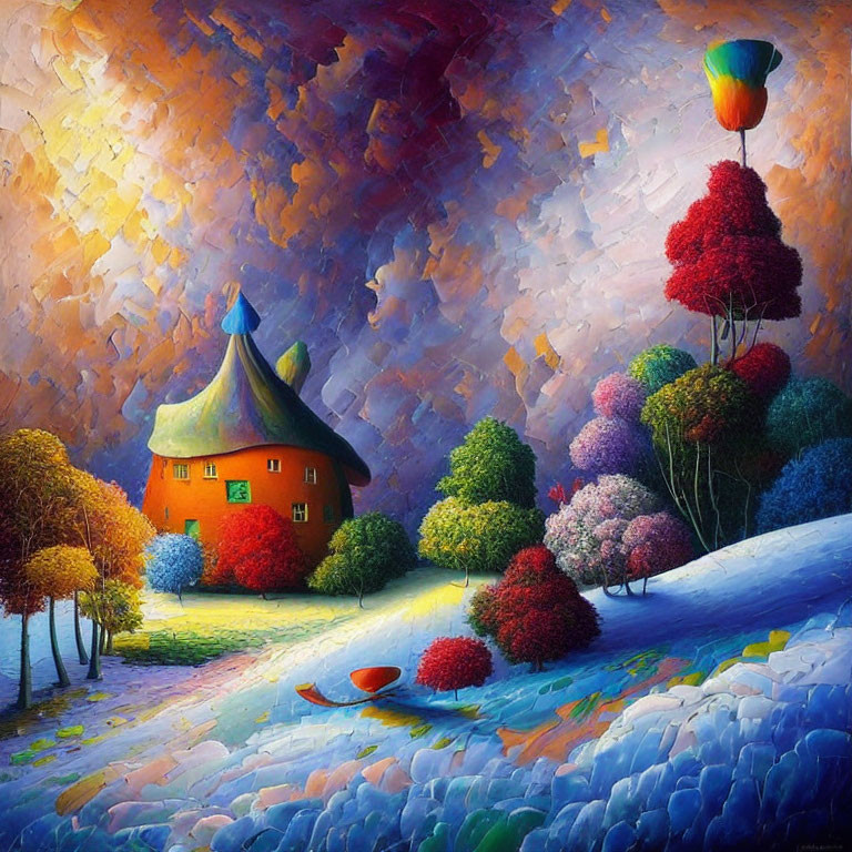 Colorful Cottage and Hot Air Balloons in Whimsical Landscape