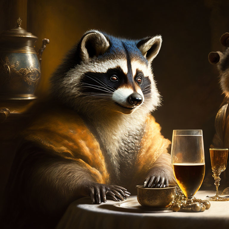 Regal raccoon in Renaissance-style attire with wine and goblet