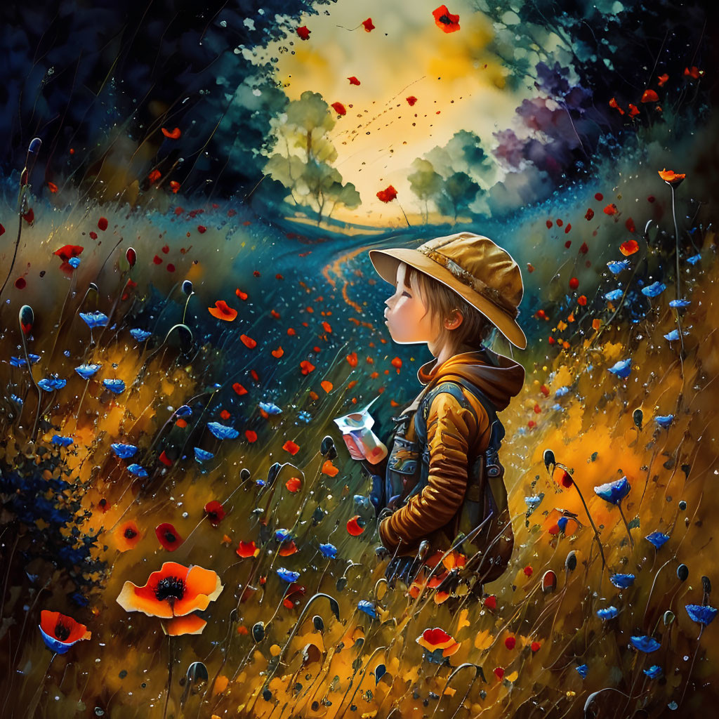 Child in Hat Holding Jar in Colorful Meadow with Poppies and Rainy Sky