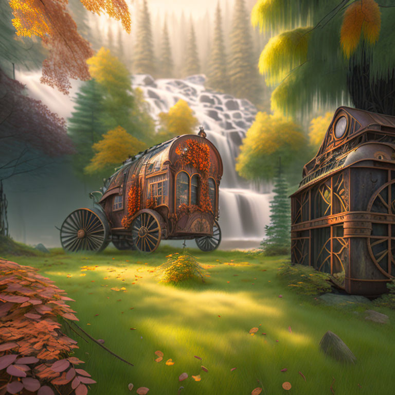 Enchanting autumn forest scene with ornate caravan and vintage gramophone