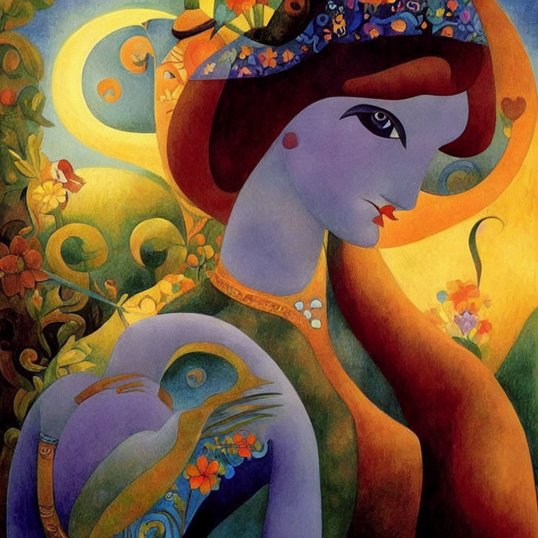 Colorful artwork featuring stylized woman with peacock in floral motif composition