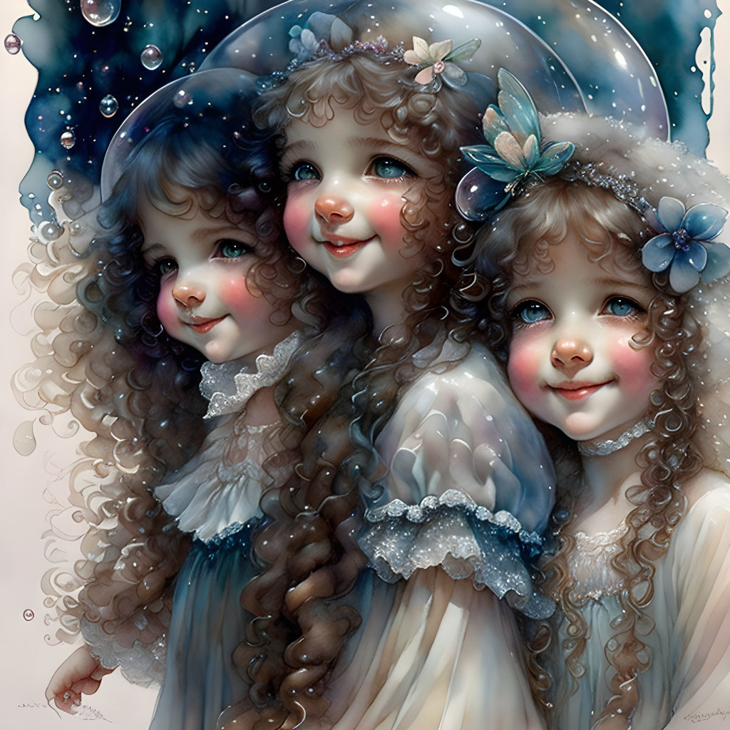 Three animated girls with curly brown hair in blue dresses and floral accessories in a dreamy blue background.