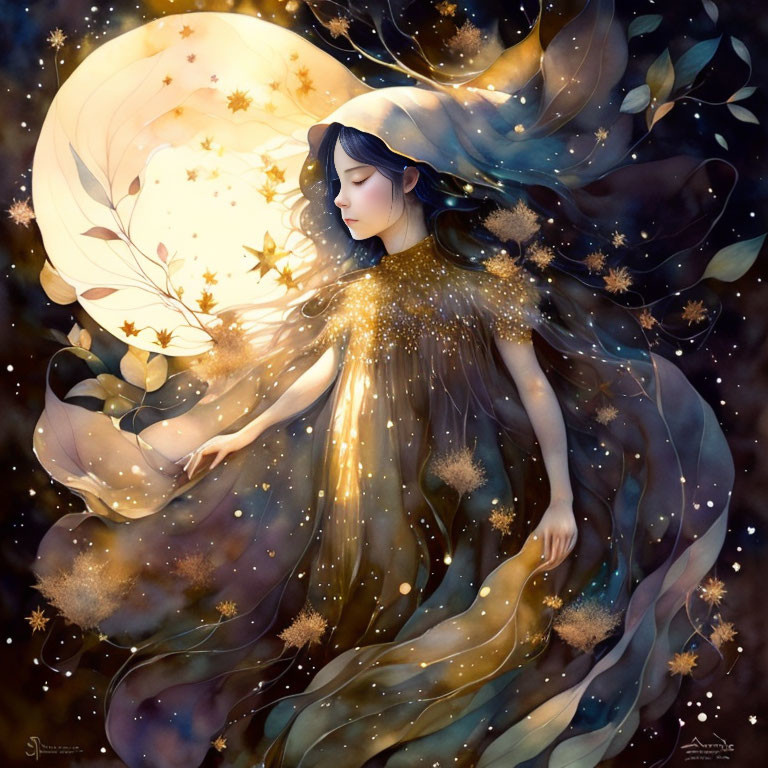 Illustration of woman surrounded by stars, butterflies, and leaves