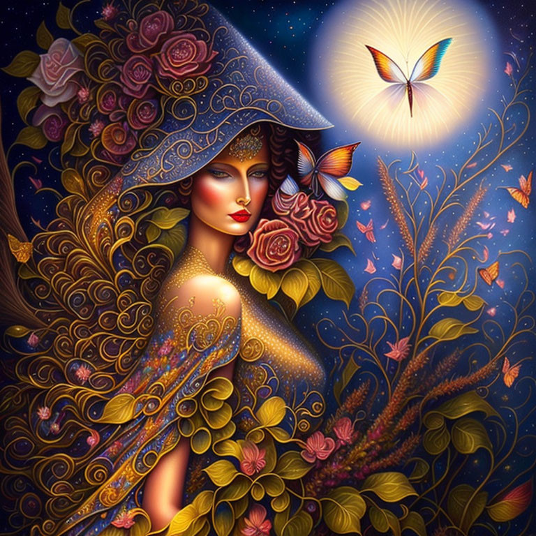 Stylized woman with golden hair and attire, roses, butterflies, and luminescent moth.