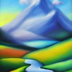 Colorful digital artwork of surreal landscape with flowing hills, stylized river, swirling sky, and bright