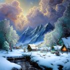 Snow-covered trees, stream, and cabins under starry sky in serene winter scene