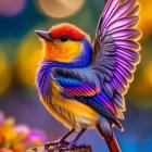Colorful Bird Illustration with Outstretched Wings on Branch in Rainy Autumn Scene