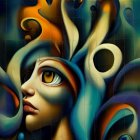 Colorful Surrealist Painting: Symmetrical Faces with Peacock Feathers & Geometric Patterns