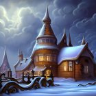 Colorful turret-style house in snowy landscape with crescent moon