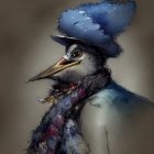 Stylized bird with intricate feather patterns in an elegant hat on floral background