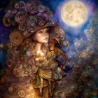 Woman with floral garland under full moon, surrounded by butterflies in mystical forest scene