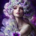 Voluminous white hair with purple flowers on woman in digital portrait