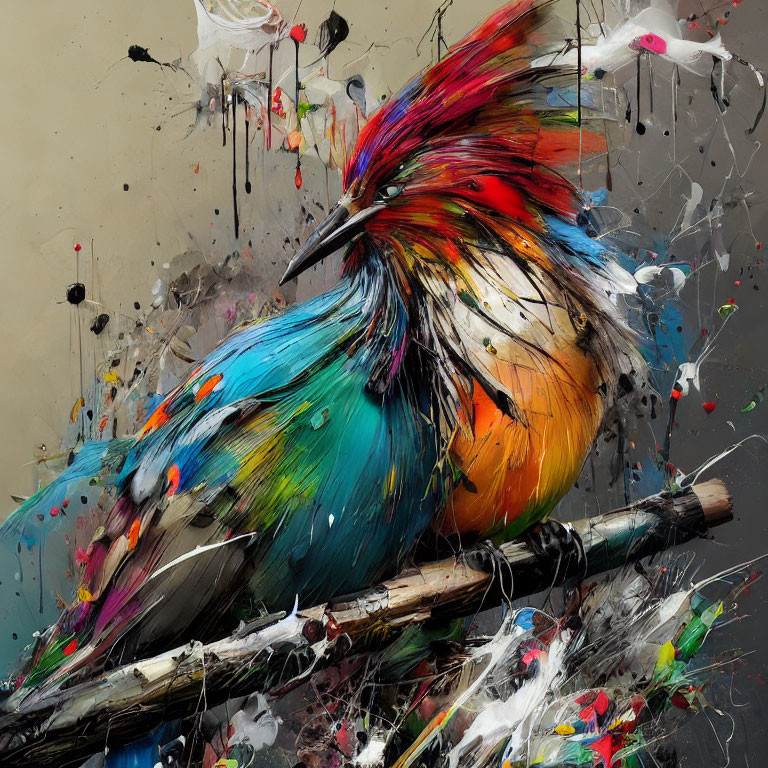 Colorful Abstract Bird Painting with Splatters and Texture