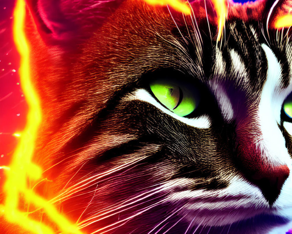 Digitally altered cat image with red and blue fiery background.