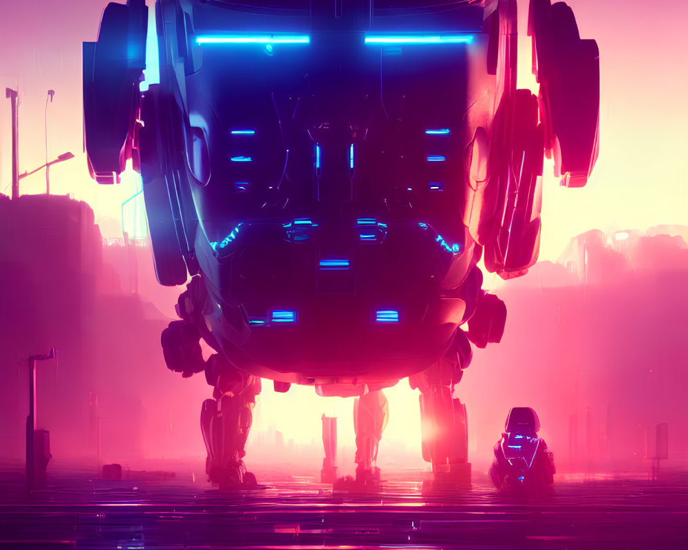 Glowing blue lights on futuristic robot in neon-lit city