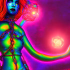 Colorful digital artwork: Woman with red hair and neon body paint, chained in psychedelic cosmic scene.