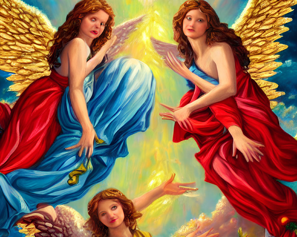 Colorful Robed Angels Ascend Beside Christmas Tree