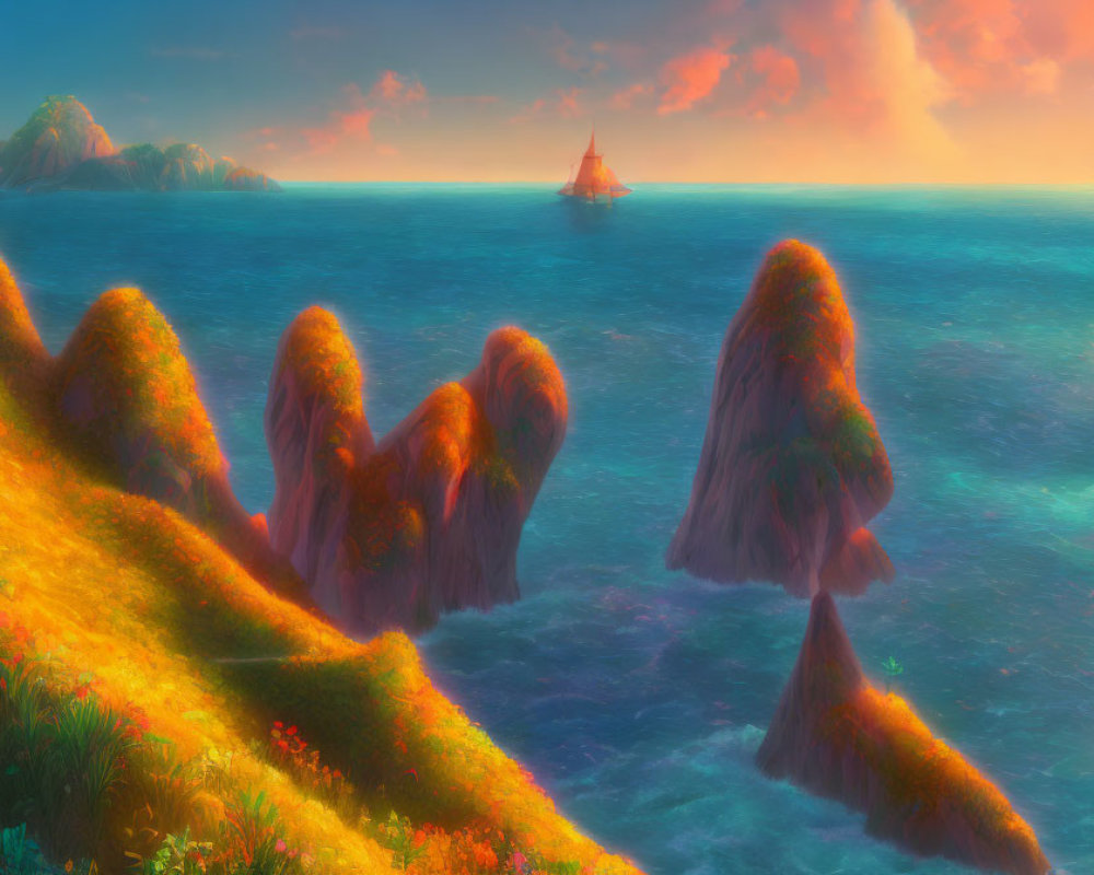 Colorful fantasy seascape with flower-covered cliffs and sailing ship at sunset