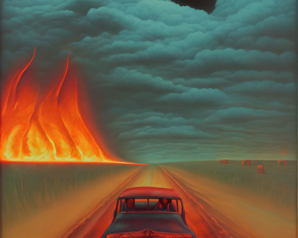 Vintage Car Driving Towards Large Fire Under Dramatic Sky