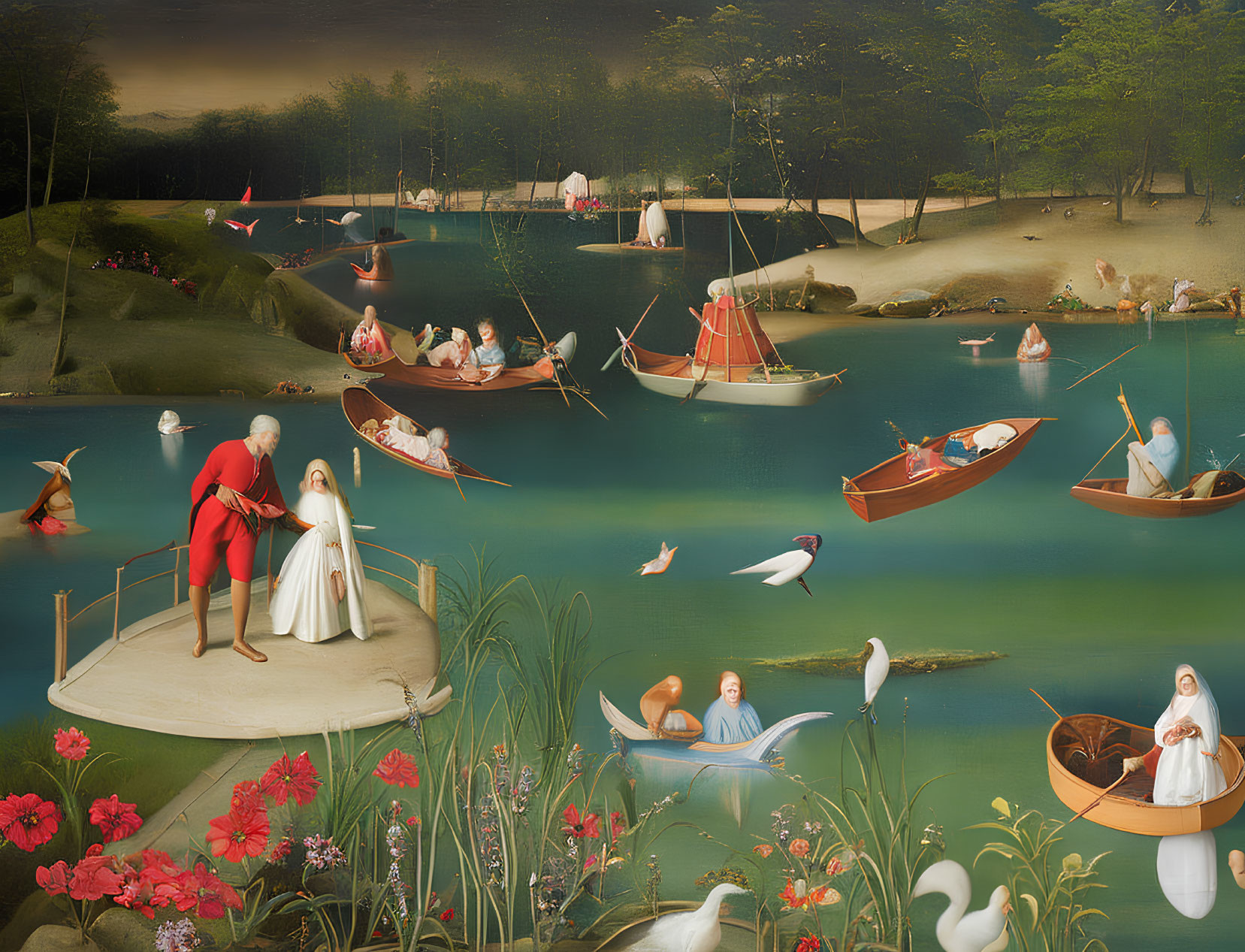 Surrealistic landscape with figures in boats, vibrant flowers, birds, and dreamlike atmosphere