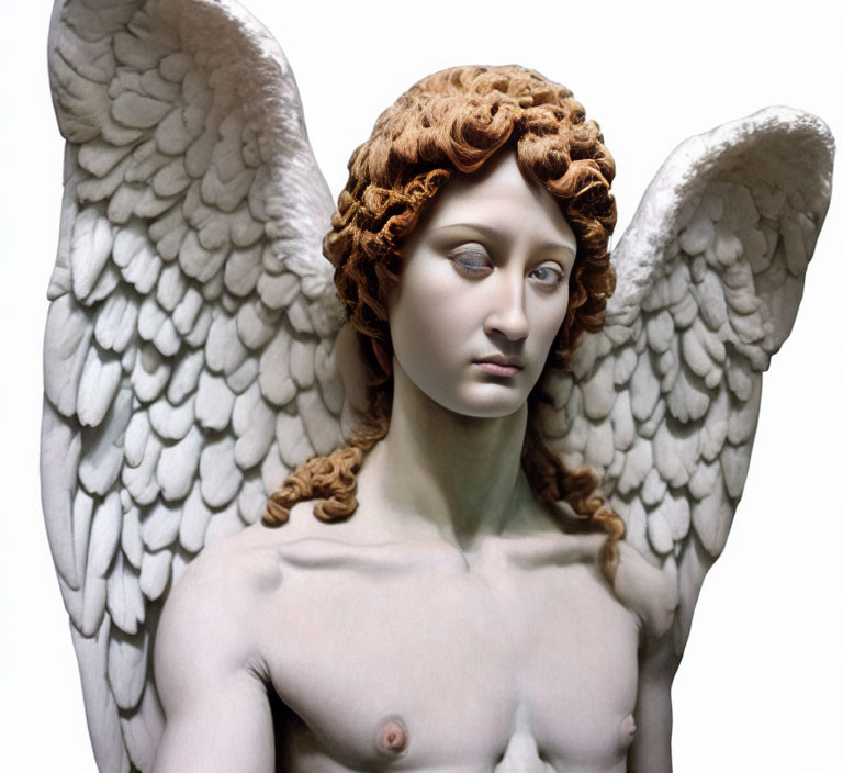 Detailed sculpture of angel with curly hair and large feathered wings