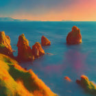Colorful fantasy seascape with flower-covered cliffs and sailing ship at sunset