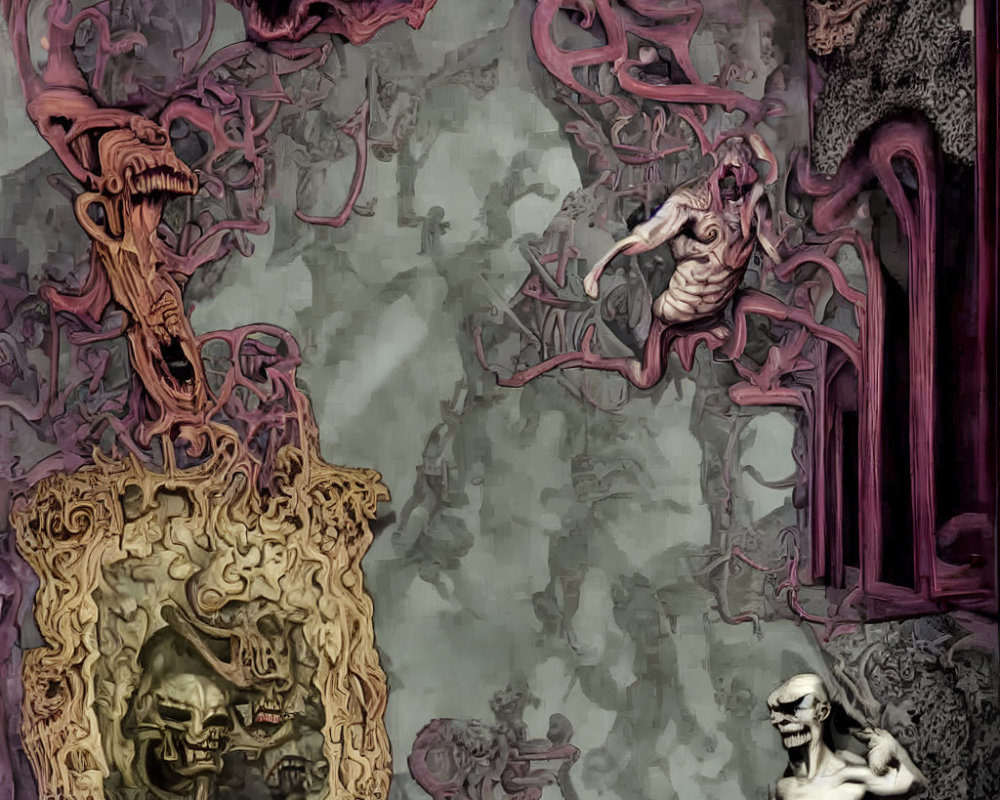 Surreal horror scene with monstrous tendrils and eerie figures