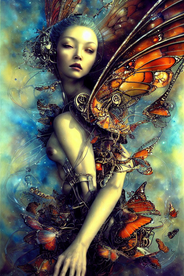 Cyborg fairy with butterfly wings in cosmic setting