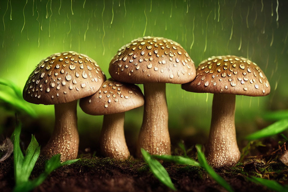 Brown Mushrooms with Water Droplets on Caps Against Green Background