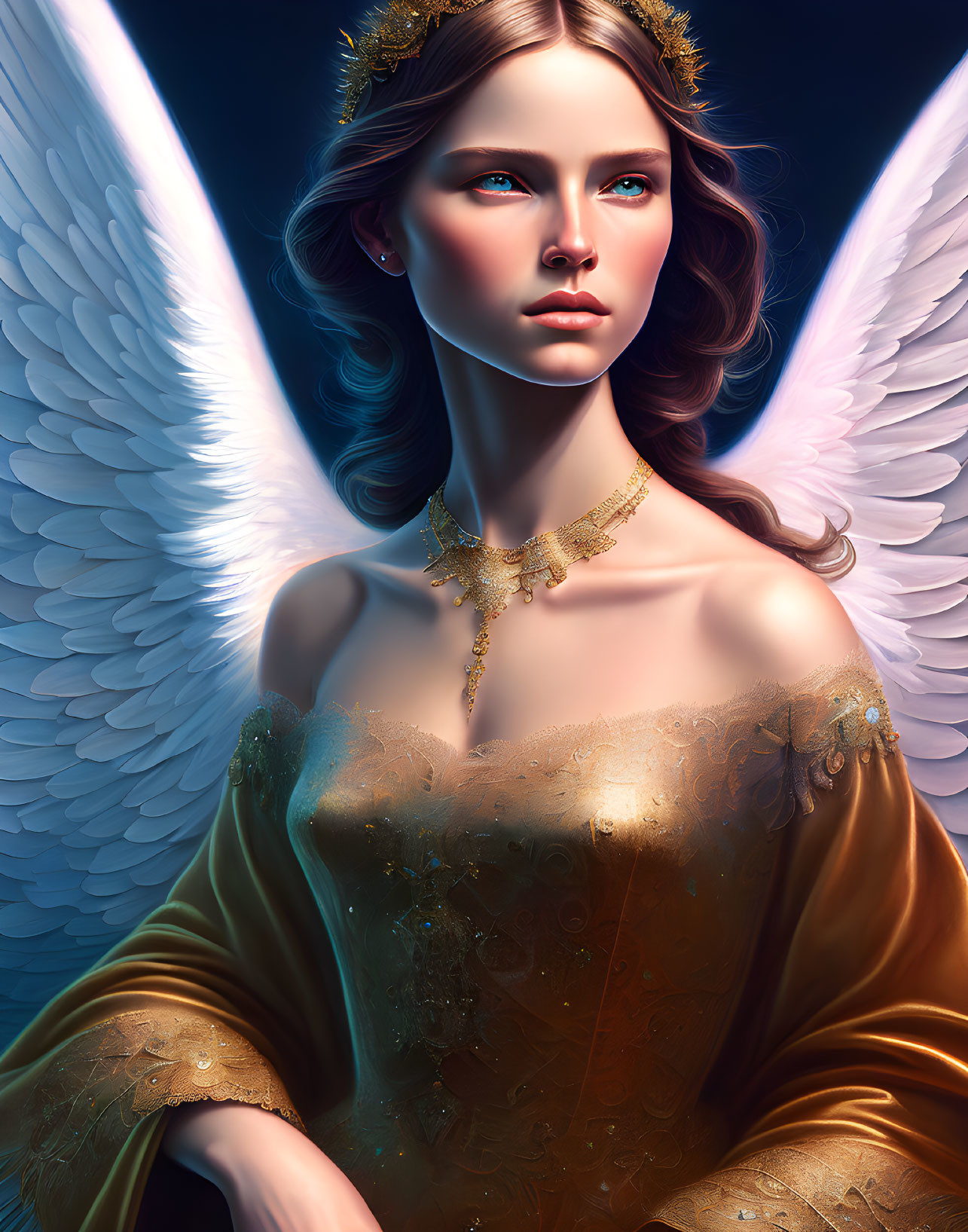 Digital artwork: Angelic figure with glowing wings and golden gown on blue backdrop
