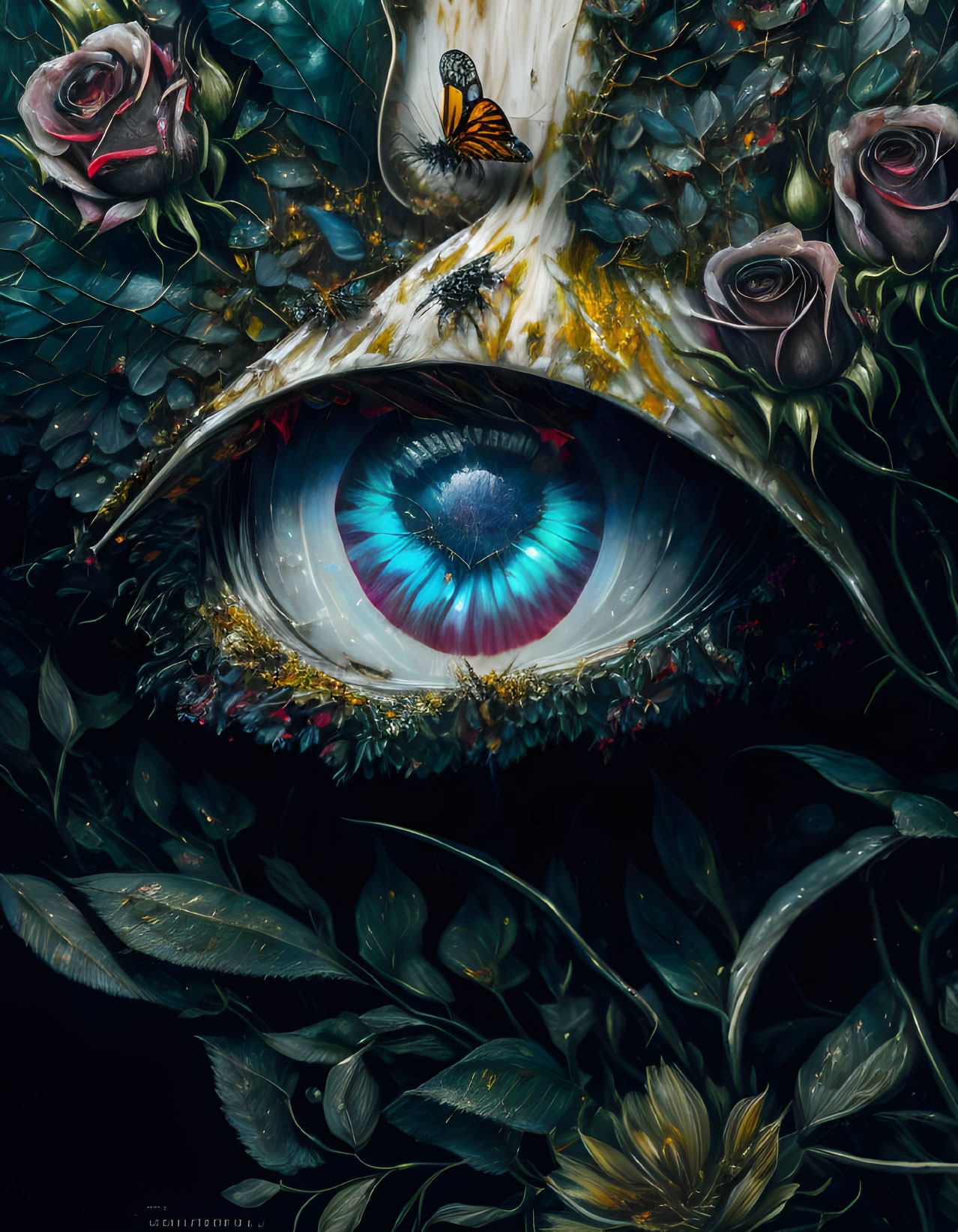 Blue eye with leaves, roses, butterfly on golden splash