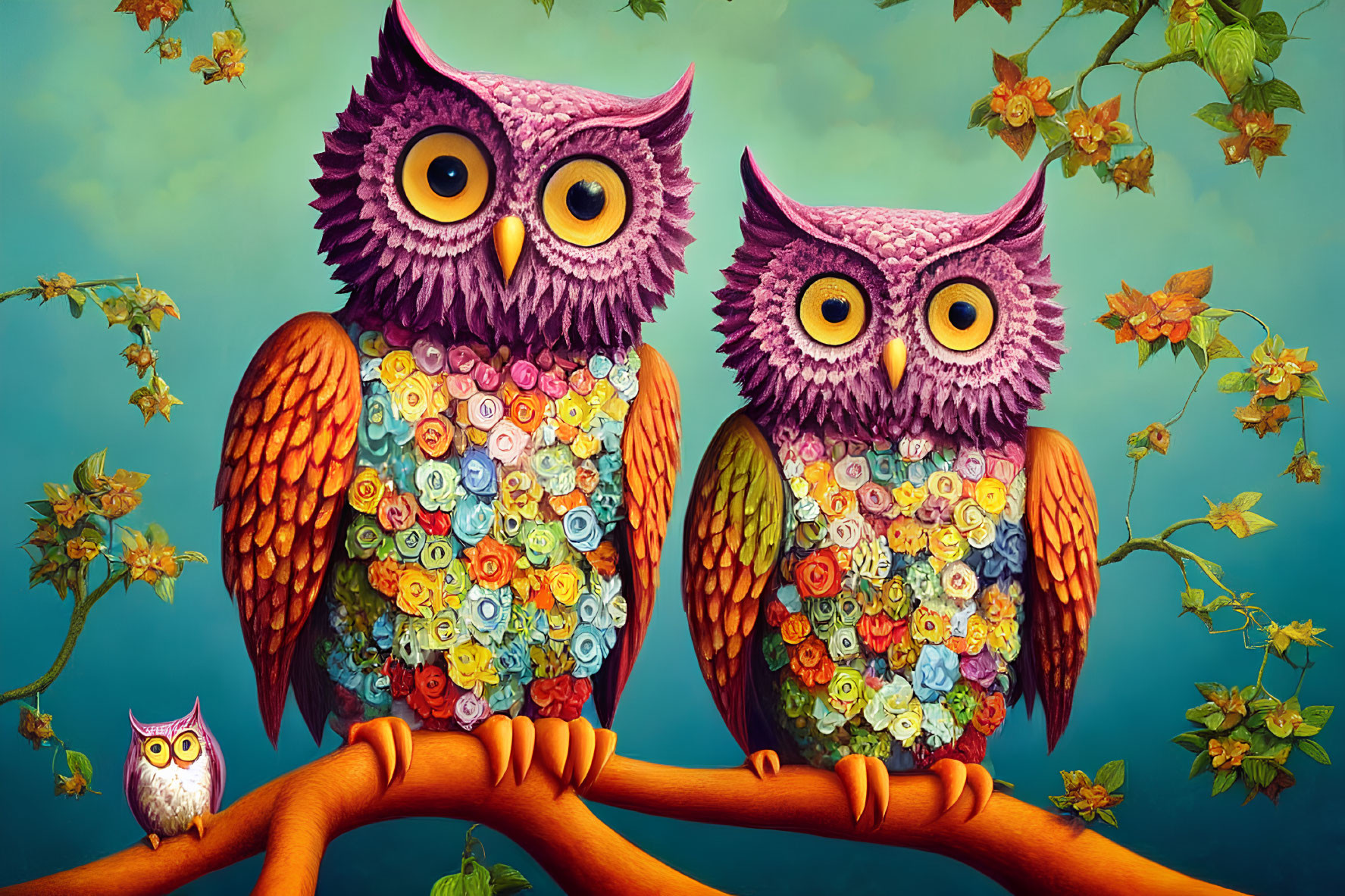 Colorful Stylized Owls on Branch with Floral Patterns in Blue Setting