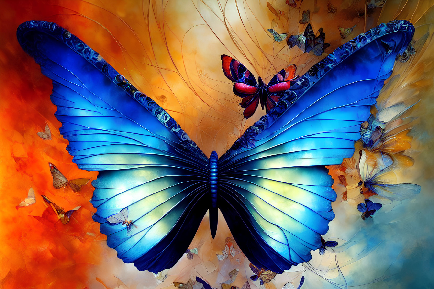 Colorful Blue Butterfly Surrounded by Smaller Ones on Fiery Background