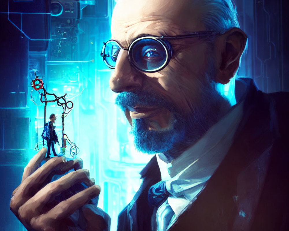 Stylized portrait of a man with round glasses holding a molecule on futuristic blue backdrop
