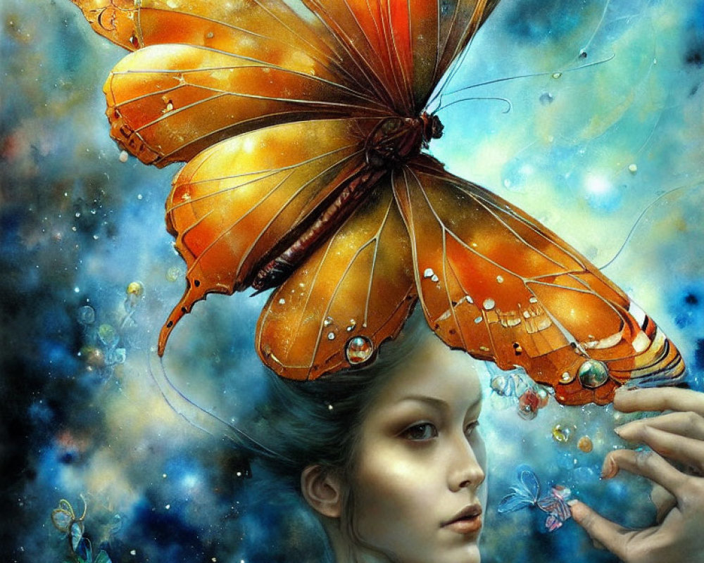 Surreal painting of woman with butterfly wings in starry backdrop