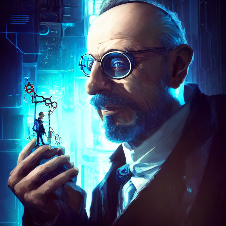 Stylized portrait of a man with round glasses holding a molecule on futuristic blue backdrop