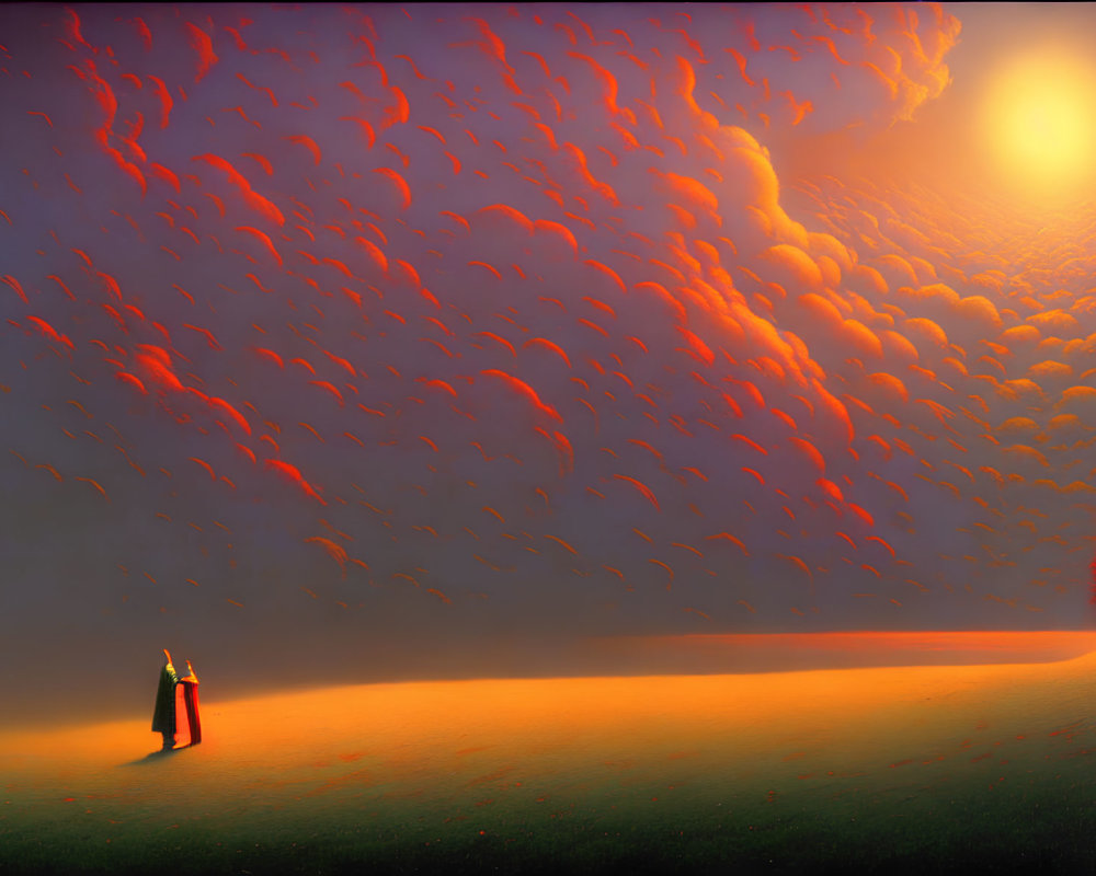Surreal landscape with solitary figure under textured sunset sky