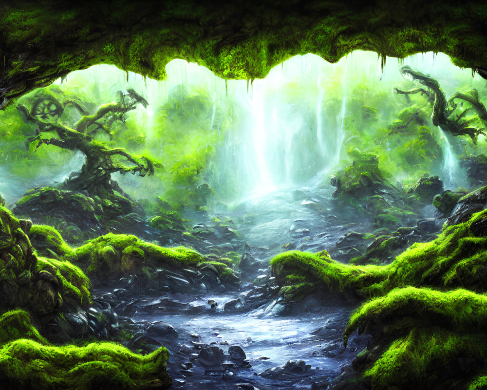 Enchanting forest scene with moss, twisted trees, and glowing waterfall